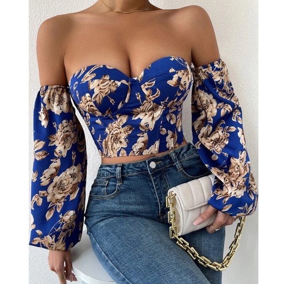 Boho Floral Print Lace up Off Shoulder Corset Top - Picture 2 of 15